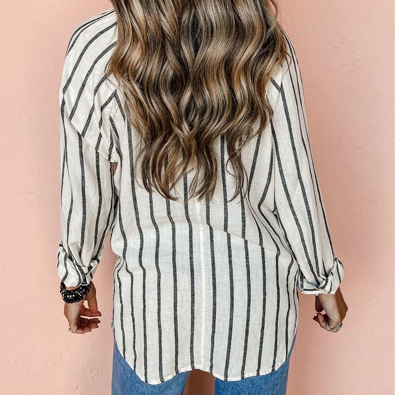 Womens Black Stripe Chest Pocket Buttoned Oversized Shirt Office Casual Outfit