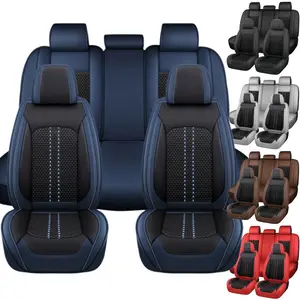 Premium Napa Leather & Ice Silk Car 5 Seat Covers Cushions Front Rear Seats Full Set Cool Protector Pad Mat with Storage Bag Breathable Summer Cooling, Universal For Most Car SUV Pickup Truck 5 Seat Covers Interior Decoration Accessories