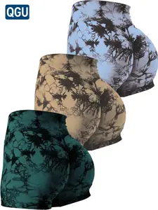 Tie Dye Workout Shorts Set Of 3 Women'S High Waist Peach Hip Lifting Yoga Gym Fitness Tight Shorts