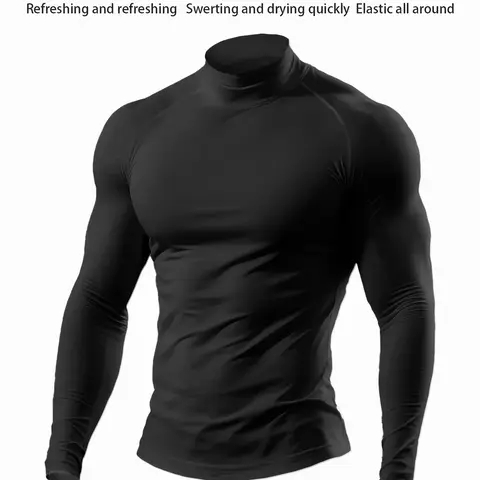 Men's Compression Shirt Black/White Mock Neck Breathable Quick Dry Long Sleeve Gym Workout Performance Activewear Sportswear for Training Elastic Tight Base Layer Top