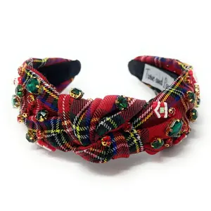 Red Plaid Gingerbread House Jeweled Knot Headband