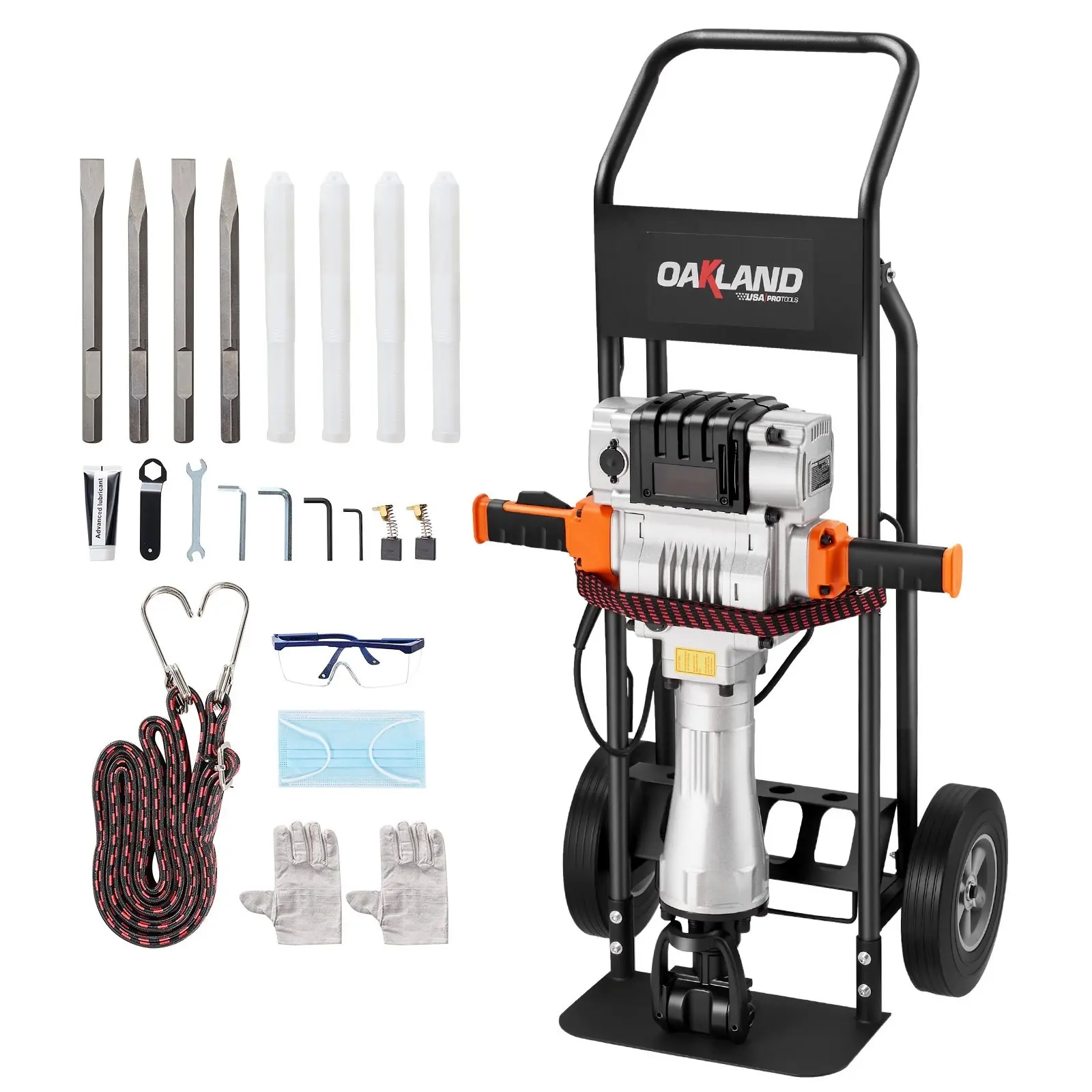 Demolition Electric Jack Hammer 2100W, 1650 BPM Concrete Breaker With 2 Point Chisels And 2 Flat Chisels, Includes Hand Trolley And Work Gloves, For Concrete, Walls, Brick, Tile And Foundation Masonry Removal