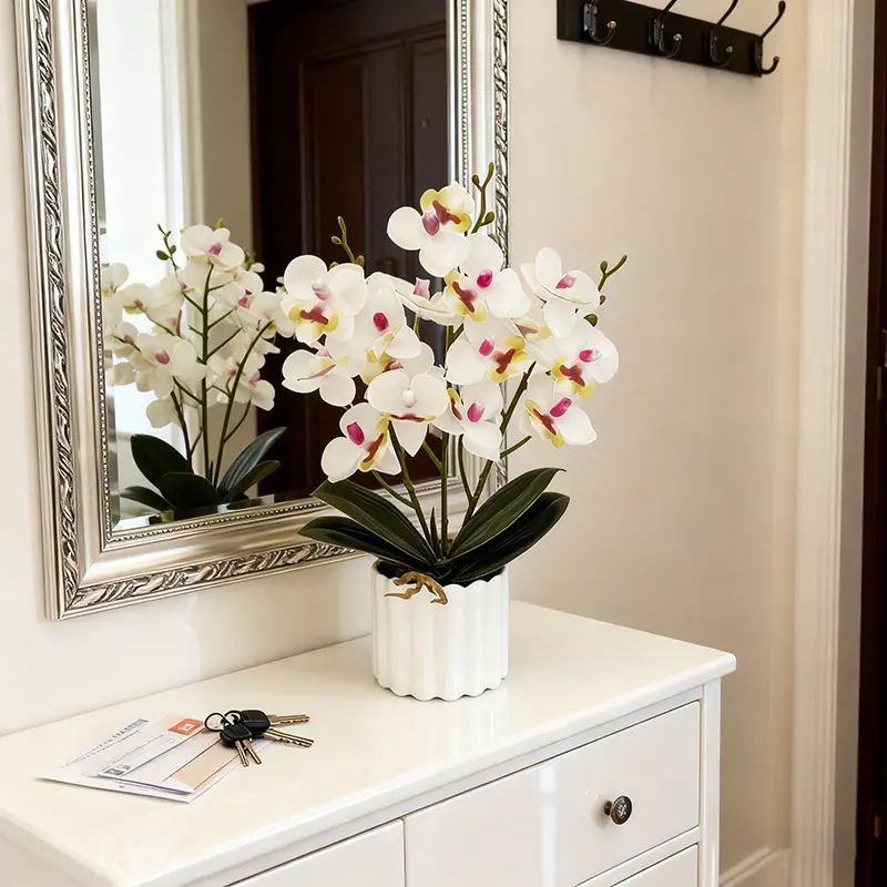 Nordic style wavy white pot artificial phalaenopsis orchid potted plant artificial green stone pot for living room and office desk fake flower bonsai Artificial Plant Decor Artificial Flowers