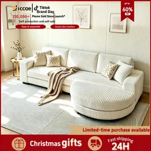 【Sub 3 packages】Niccae Modern Floor Sofa with 2 Pillows, Convertible Teddy Fabric Foam Filled Sleeper Sofa, Corduroy Tufted Upholstered Lounger, L-Shaped Modular Sectional with Ottoman, Left & Right Placement, Home Office Living Room Bedroom Apartment, Co