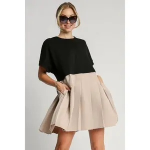 Umgee Full Size Round Neck Pleated Dress with Side Pockets Plus Size