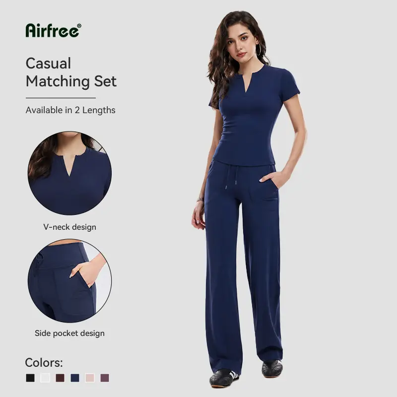 Airfree Women's 2 Piece Lounge Set Outfit Flattering V-Neck Slim Fit Tee with Drawstring Straight Leg Pant, Casual Lounge Matching Set, Slim Fit, Tall & Regular Length Friendly Minimal Chic Everyday Outfit, Workout Sets for Gym & Travel, summerwins
