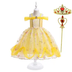 2-10Y with Crown Magic Wand Yellow Embroidered 043 Cartoon Cosplay Costume Fancy Carnival Kids Clothes Performance Princess Theme Party Holiday Girls Ball Gown Children Cocktail Dress