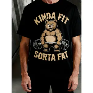 Slim-Fit Funny Gym Bear Weightlifting T-Shirt, Retro Fitness Tee with Bear & Slogan Print, Casual Workout Short Sleeve, Perfect Gift for Bodybuilding Lovers