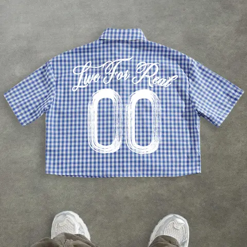 Men's Plaid Graffiti Hand-Drawn Gothic Print Fitted Short Sleeve Button Shirt, Summer Vacation Fashion, Street Style, streetwear, Vintage, Trendy, Menswear, casual button front, Casual Collared Shirt, Short Sleeved Shirt