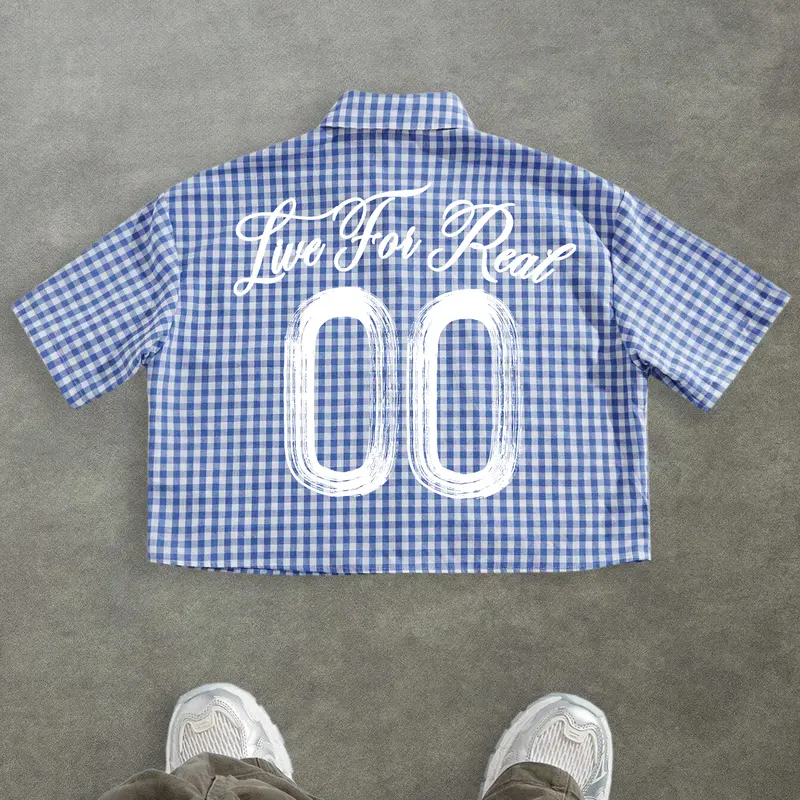 Men's Plaid Graffiti Hand-Drawn Gothic Print Fitted Short Sleeve Button Shirt, Summer Vacation Fashion, Street Style, streetwear, Vintage, Trendy, Menswear, casual button front, Casual Collared Shirt, Short Sleeved Shirt