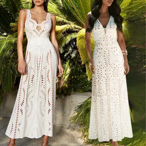 FLAXMAKER Women's White Laser Cut V-Neck One Piece Swimsuit and Matching Skirt Set Swimdress Beachwear Bathing Suit Swimmingsuits Bathing Suit Beachwear