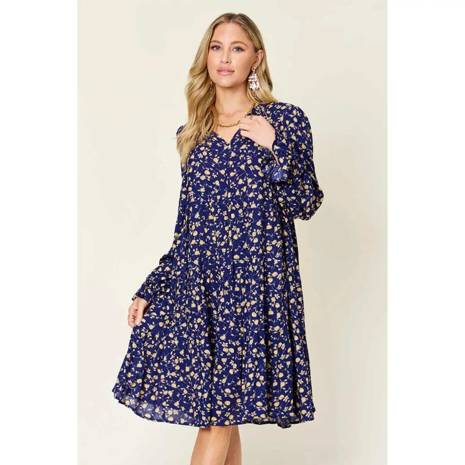 Printed Ruffle Hem Long Sleeve Tiered Dress Plus and Regular Sizes