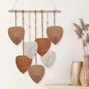 Wall Hanging Decor Leaves Tapestry, Boho Wall Decor Woven  Handmade Yarn Tassels Leaf Macrame Wall Art Decorations for Living,Bedroom,Office,,Apartment Room,16x22 Inch(Brown)