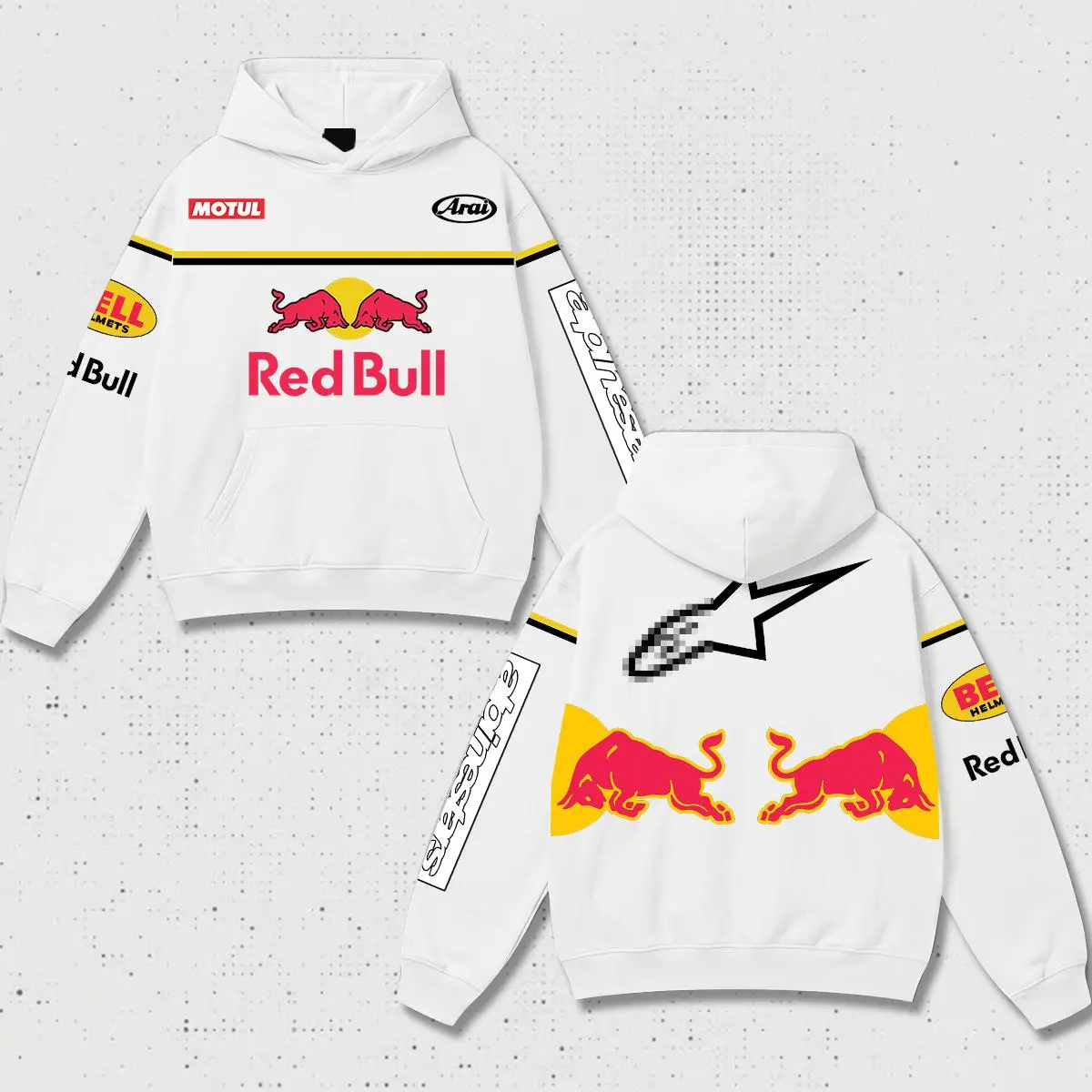 Retro Arai Bell Hellmets x RedBull Racing Hoodie Washed White, MotoGP World Championship Enthusiast, Motorcycle Off Road Dirt Bike Graphic Streetwear, Heavyweight Biker Sweatshirt, Moto Gear Motorbike Apparel Men’s Aesthetic Y2K Racing Jacket Style