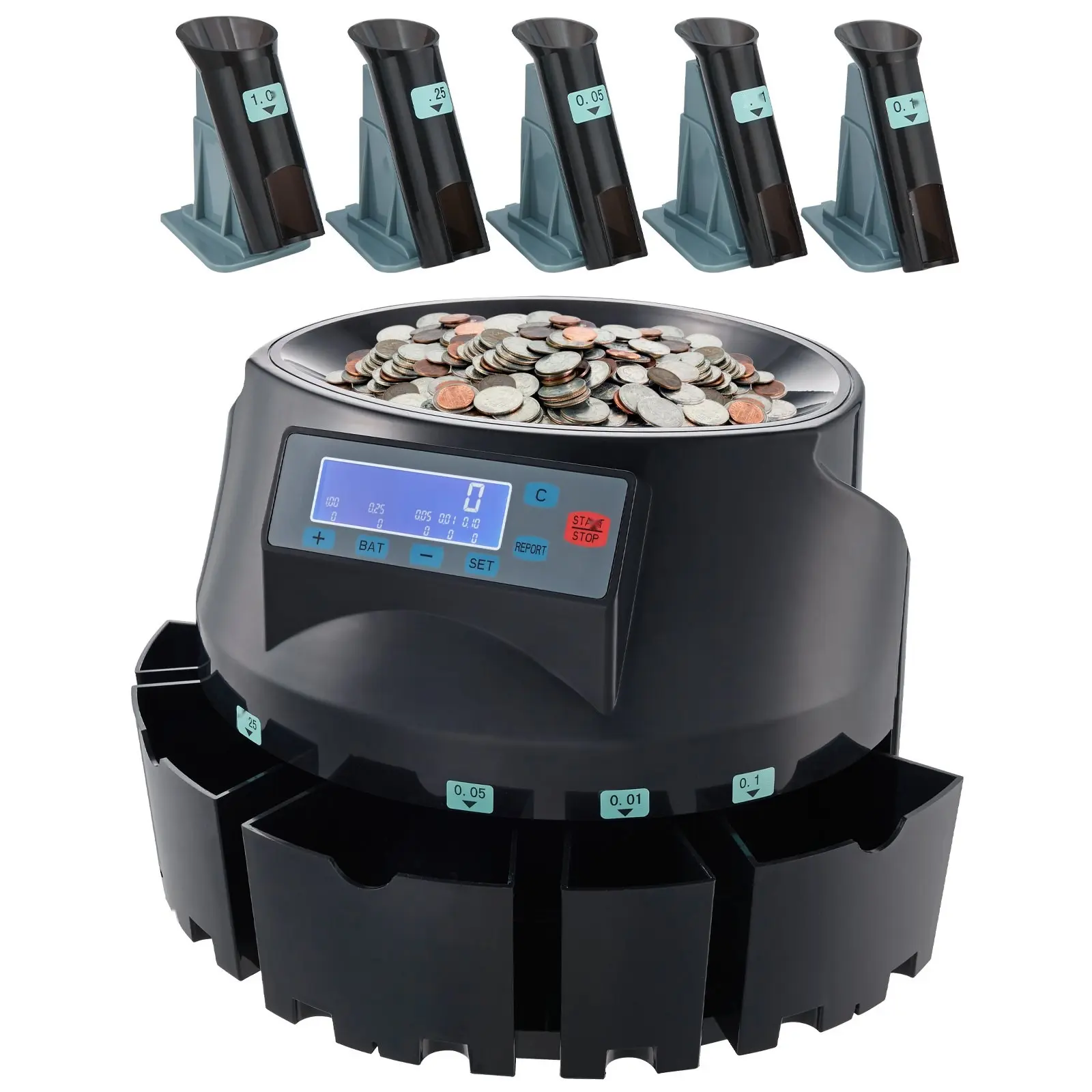 USD Coin Sorter And Counter With Wrapper And Roller, High-Speed 300 Coins Per Minute, LCD Display, Desktop Coin Sorting System For US Dollars, Accurate Batch Sorting, Coin Wrapping, And Handling Equipment