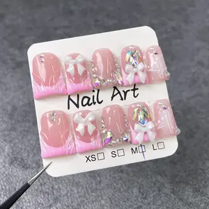 Cute 3D Bow Press Ons - Duck Bill Shape, Sheer Jelly French Blush Nails