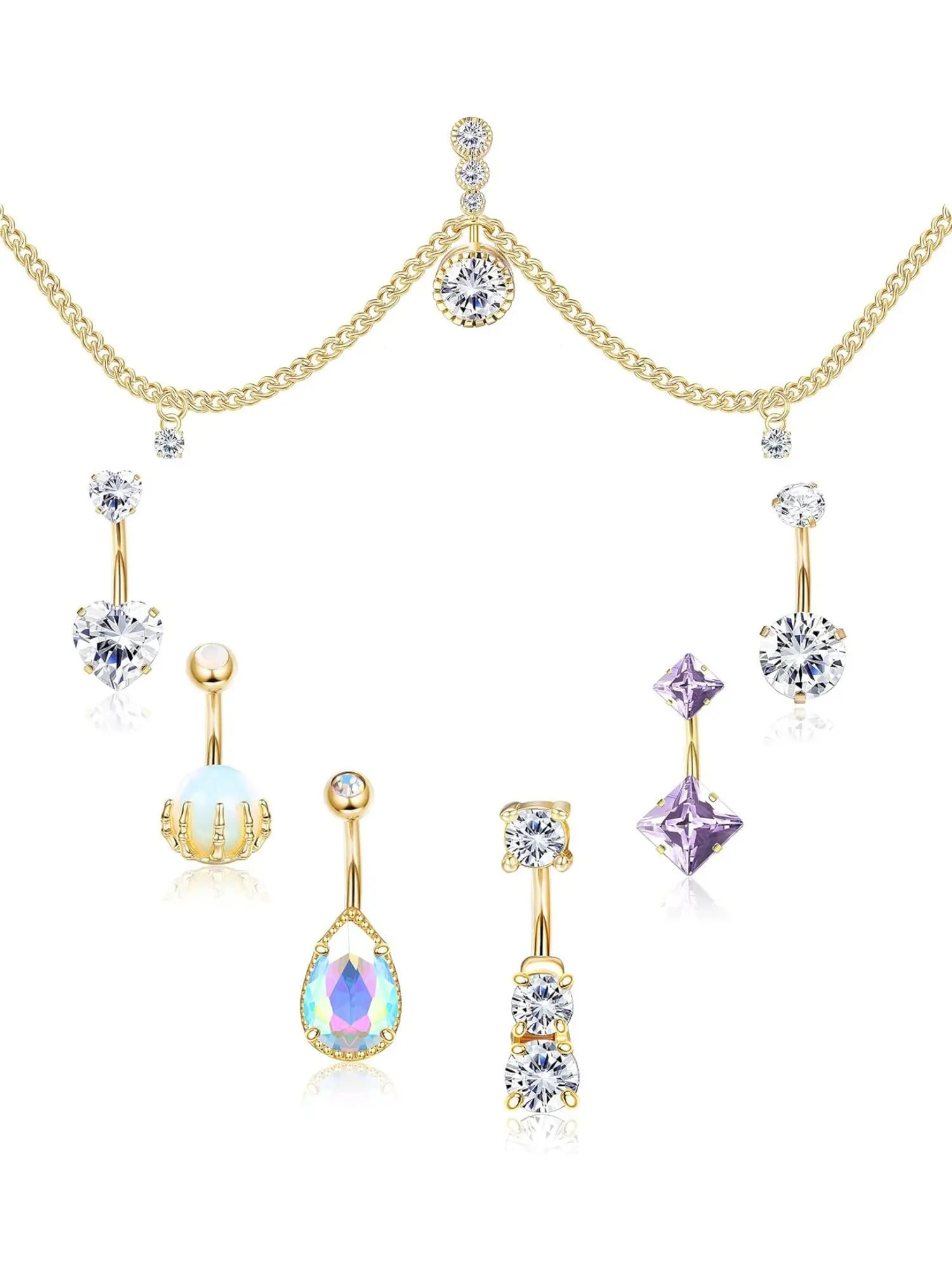 8-Piece Set: Navel Rings, Adjustable Waist Chain, Navel Piercing, Belly Button Piercing, 316L Surgical Stainless Steel, Opal CZ, Cute Navel Rings, Navel Piercing, Women's Jewelry, Chic Body Jewelry, Body Jewelry Accessory, Belly Hoops