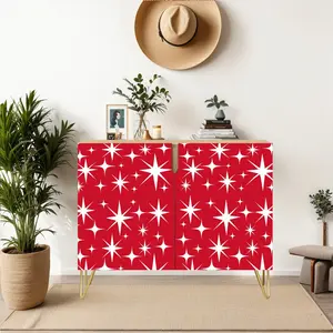 Atomic 50s Retro Red White Starburst, Mid Century Modern Wooden Storage Cabinet
