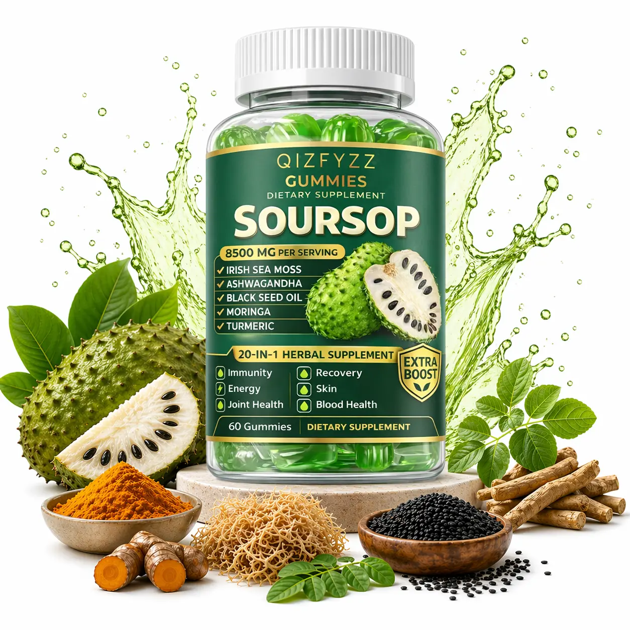 Organic 20-in-1 Soursop Gummies Dietary Supplement - Organic Moringa, Plant-Based Herbs Complex with Sea Moss, Turmeric, Black Seed Oil, Oregano, Ashwagandha, Multi-Nutrients, Vegan, GMO-Free, 60 Gummies for Immunity Boost & Daily Wellness
