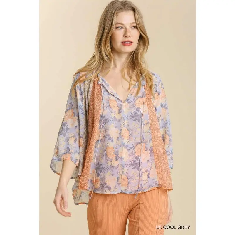 Umgee Roses Mixed Print Blouse - Cool Grey