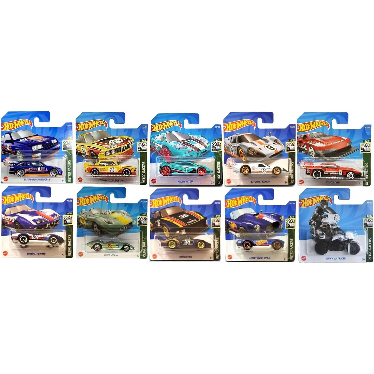 Hot Wheels Retro Racers 10-Pack Die-Cast Vehicles with 1 Sticker, Ages 3+, HKL77-9796