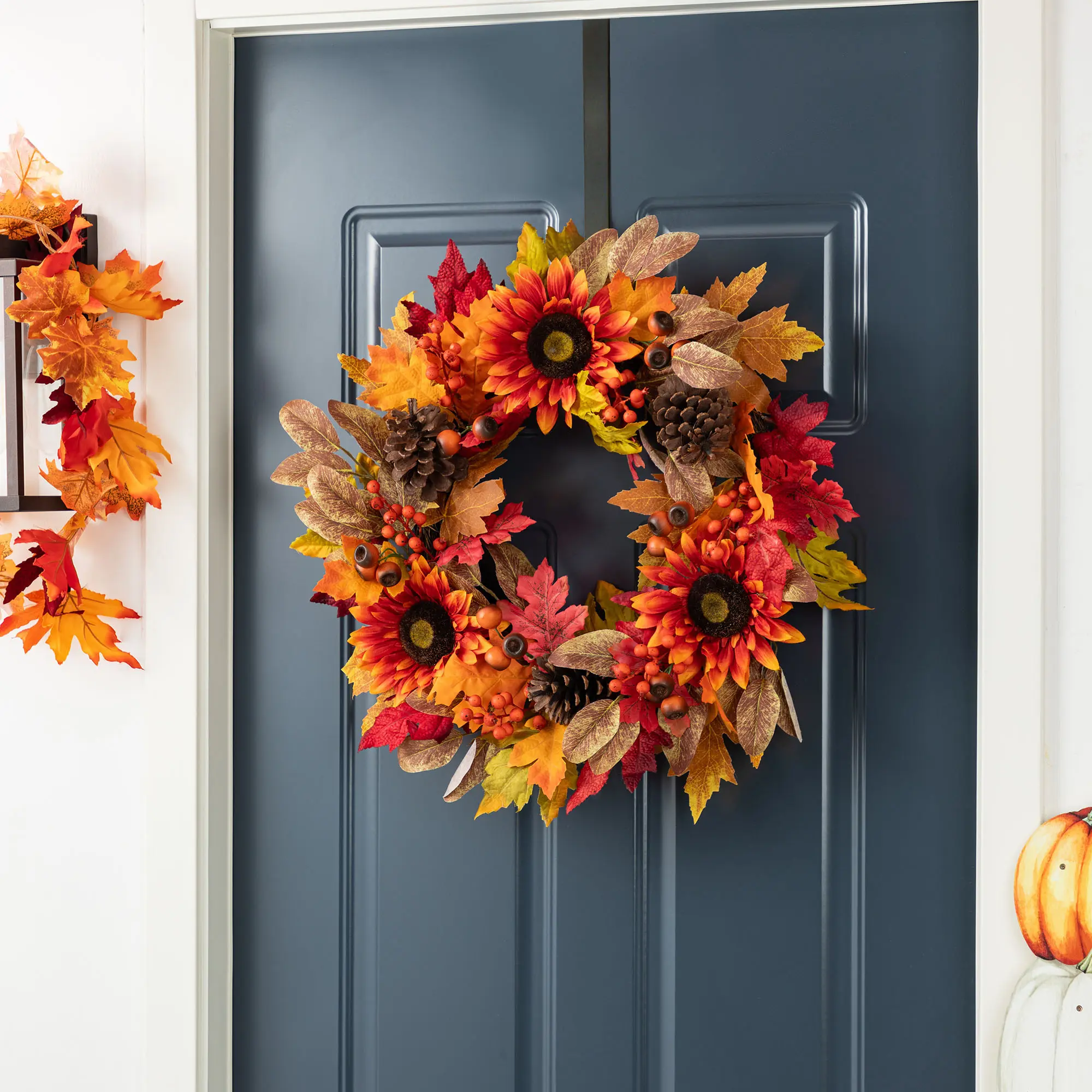 Glitzhome 24-in Rustic Colorful Fall Wreath with Sunflowers, Pinecones, and Berries – Includes Complimentary Black Metal Wreath Hanger for Home Decor Ornaments