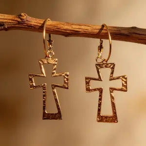 Gold Cross Hoop Earrings for Women, Textured Vintage Cross Drop Earrings, Elegant Minimalist Jewelry, Lightweight Everyday Fashion Earrings Gift for Her