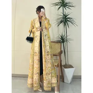 Elegant Middle Eastern Style Abaya Robe for Women - Pleated Cape with Floral & Geometric Patterns, High Elastic Lace-Up Trench Coat, Lightweight & Stylish for Spring/Summer/Fall, Perfect for Ramadan & Eid Vacations