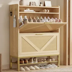 IRONCK Rattan Shoe Cabinet with 2 Flip Drawers, 47.9" Tall Narrow Entryway Shoe Storage Organizer, Free Standing with 4 Side Hooks and Bottom Metal Rack, Natural Oak for Hallway and Entryway