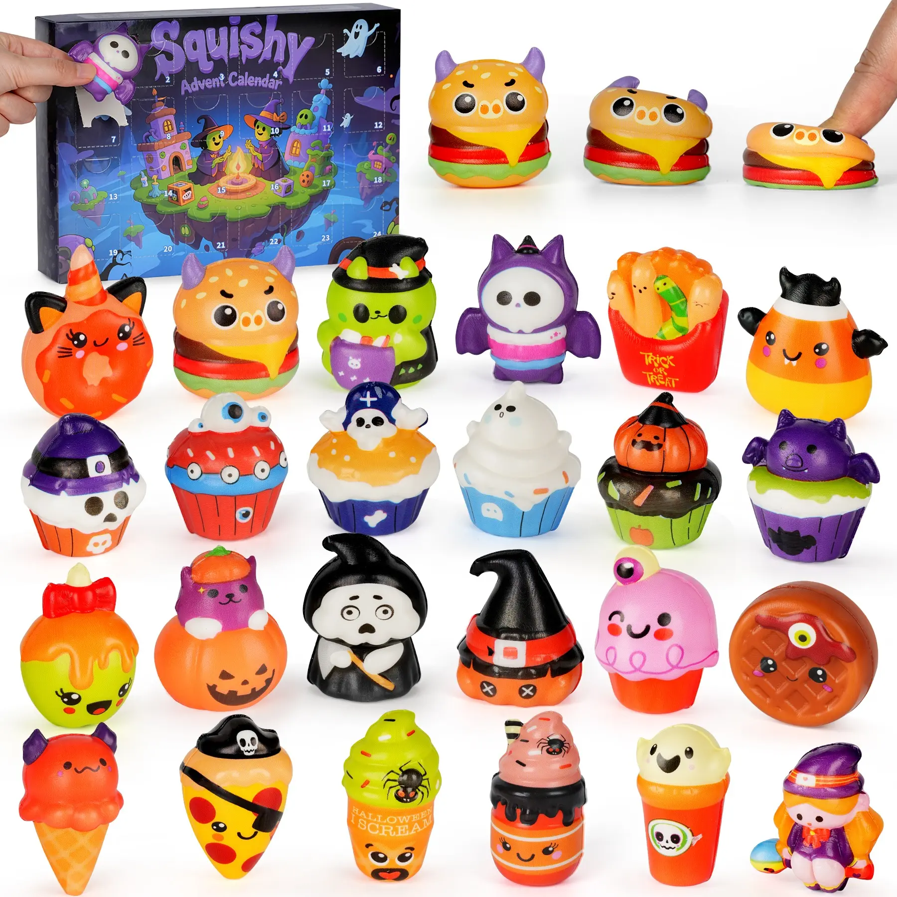 Squishy Advent Calendar 2026 with 24 Pcs Slow Rising Squeeze Squishy Halloween Toys for Vacation Countdown,Stress Relief Gifts Trick or Treat Boo Basket Stuffers for Kids Toddlers Boys Girls