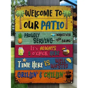 Welcome To Our Patio Metal Tin Sign – Vintage Rustic Outdoor Wall Decor – BBQ Party, Yard & Garden Plaque – Farmhouse Patio Decor, Housewarming Gift