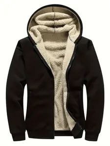 Men's Casual Full Zip Up Sherpa Lined Hoodie Sweatshirt Jacket Coat Everyday Wear Black Fitted Style Tops Outerwear Menswear Basic Minimalist Oversized Fleece Hoodie with Pocket Long Sleeve Acrylic Material Plain tiktok shop outfit