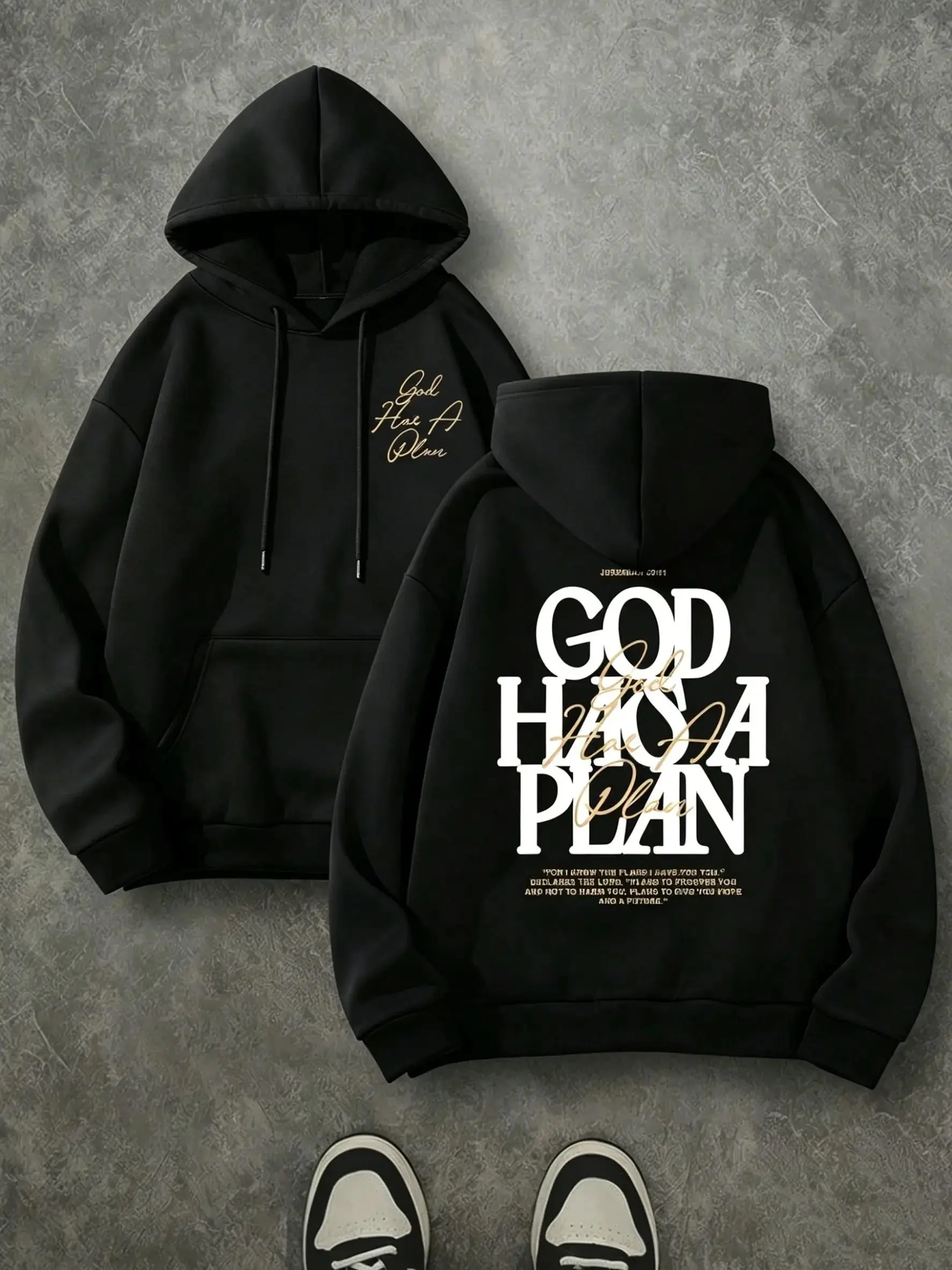 God Has A Plan Double Print Hoodie, 270G Brushed Fleece Christian Front Back Graphic Hooded Sweatshirt, Religious Faith Pullover, Soft Warm Casual Streetwear For Men Women