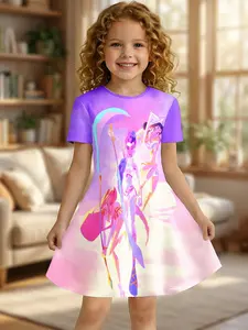Dreamy Rainbow Light Dress for Girls, Idol Battle Theme Fashion Princess Dress, Asymmetrical Knee Length, Casual Fitted Short Sleeve
