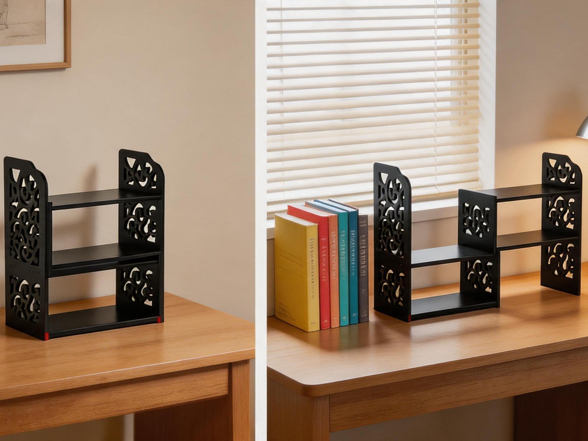 Adjustable black desktop organizer shelf, multi-use corner storage and small bookshelf for office tidying and decoration.