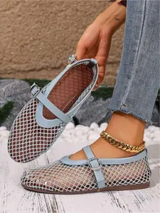 Multi-color mesh Mary Jane flats for women, cut-out knit for breathability, with adjustable buckle strap, casual ballet flats for summer