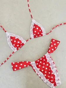 Women's Lace Trim Low Waist Bikini Set, Fashionable Polka Dot Colorblock Design, Summer Beachwear Swimwear, Casual Vacation, Color Block Swimsuits, Spaghetti Strap Bikini