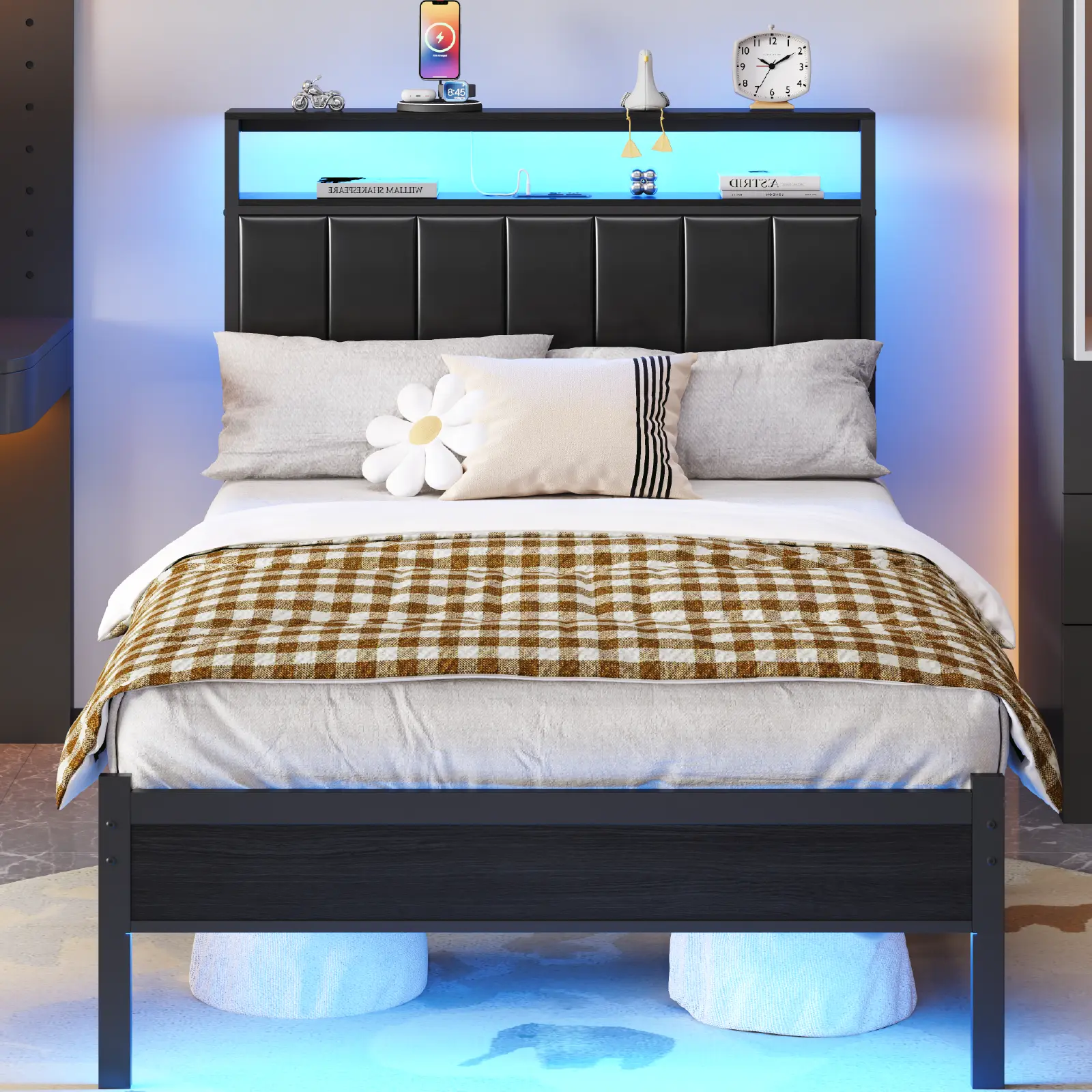 Twin Size Black Upholstered Bed Frame - Metal Platform with Charging Station, LED Lights, 2-Tier Storage Shelves, No Box Spring Needed, Easy Assembly, Modern Indoor Bedroom Furniture, Space-Saving Organizer summerwins,summerwins