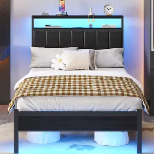 Twin Size Black Upholstered Bed Frame with Charging Station, LED Lights, 2-Tier Storage Shelves, Metal Platform, No Box Spring Needed, Easy Assembly, Modern Bedroom Furniture, Space-Saving Home Organizer