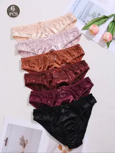 Women's Oil Gloss Lace Patchwork Comfort Triangle Panties, Lace Trim Panty, 6 Pieces Set, Soft and Breathable Underwear, Perfect for Daily Wear