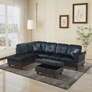 Dark Blue And Brown Color Lint And PVC 3-Piece Couch Living Room Sofa Set