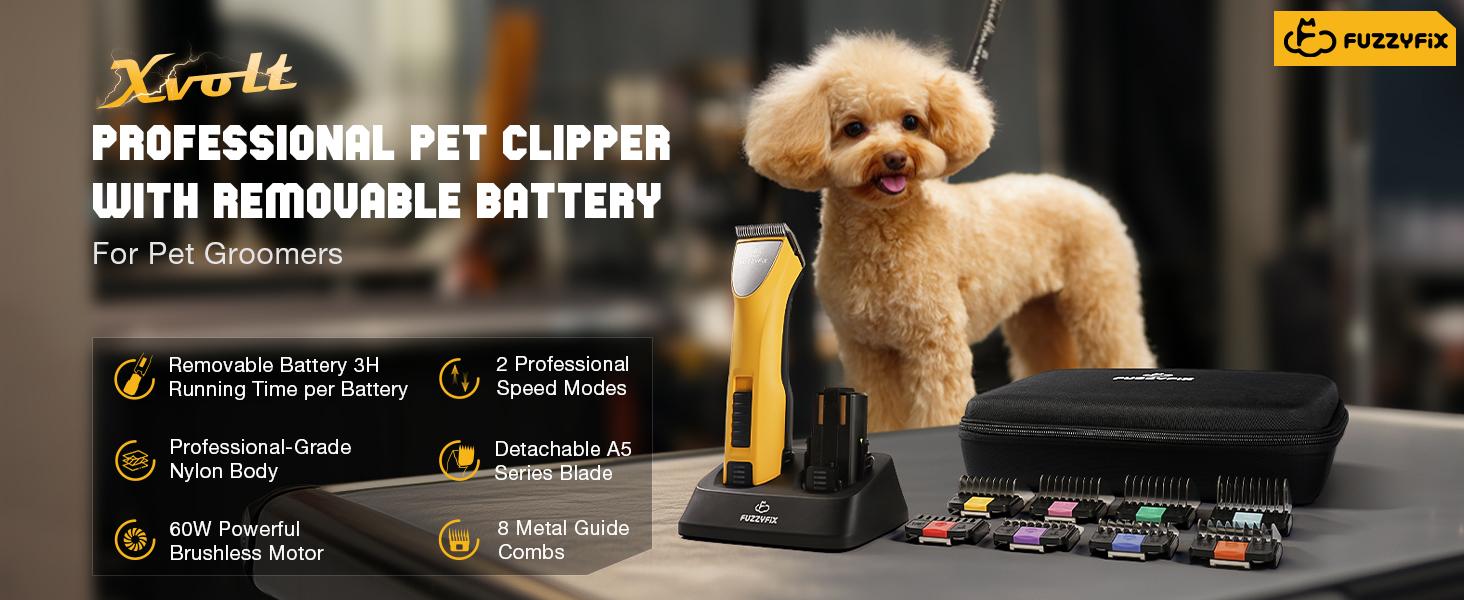 [Xvolt] Fuzzyfix Professional Dog Clippers for Grooming with Charging Replacement, Low Noise Pet Grooming Kit for Thick Curly Matted Heavy Coats Cordless Hair Trimmer with 8 Metal Guide Combs for Animal Horse