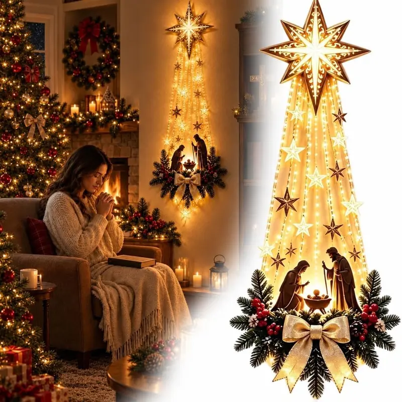 Bethlehem Star of Faith Lighted Wall Decor, Glowing Nativity Scene Christmas Wall Hanging, Warm LED Religious Christmas Decoration for Fireplace, Entryway & Home