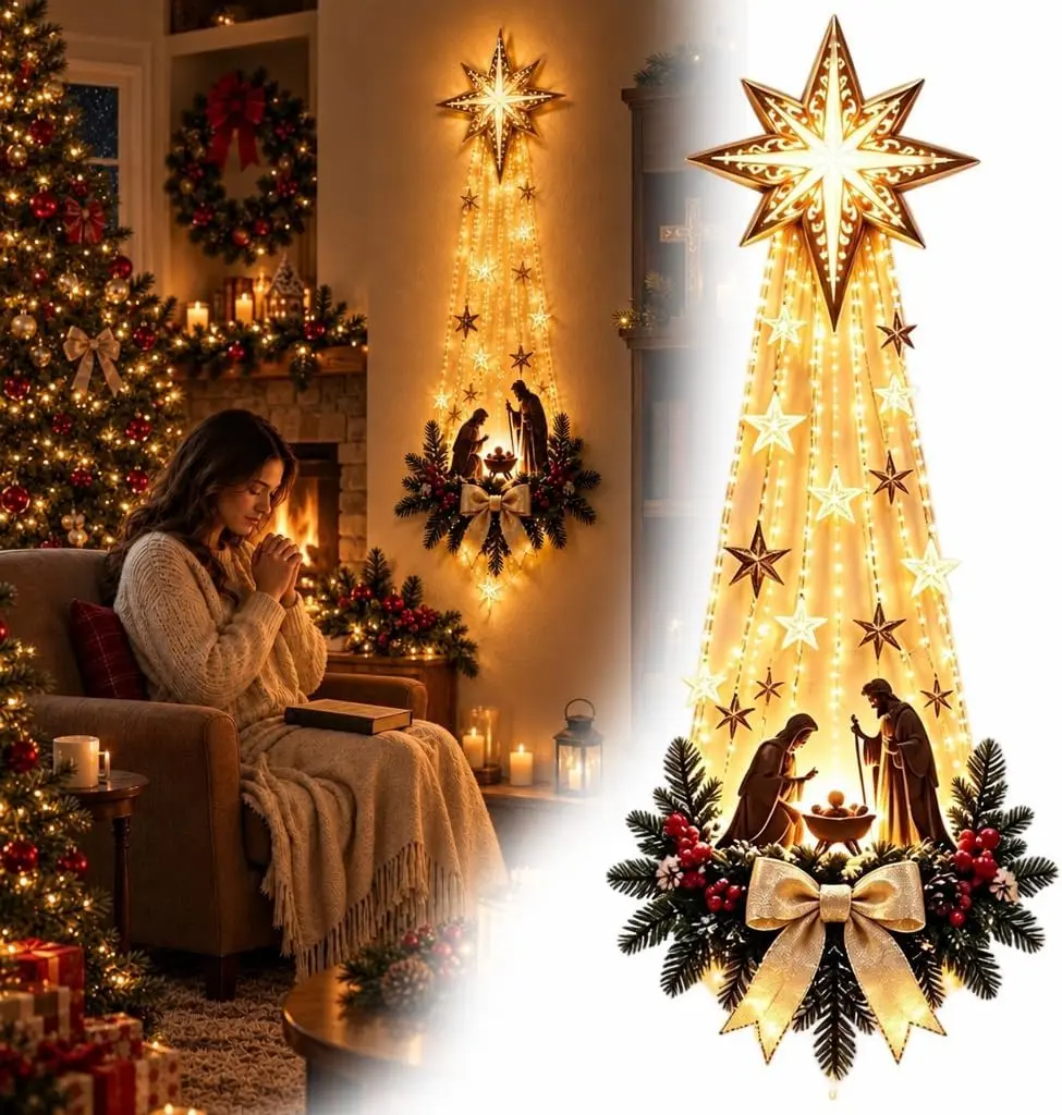 Bethlehem Star of Faith Lighted Wall Decor, Glowing Nativity Scene Christmas Wall Hanging, Warm LED Religious Christmas Decoration for Fireplace, Entryway & Home