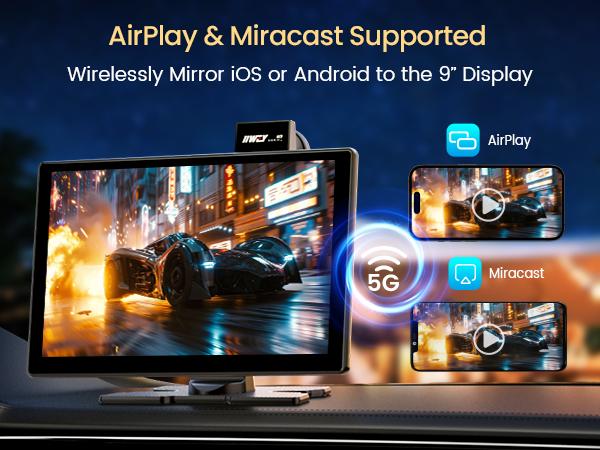 IK9 9" Wireless CarPlay & Android Auto Screen, Portable Car Stereo with 4K Dash Cam & 1080p Rear Camera, CarPlay with Backup Camera, Touch Screen GPS Display, Mirror Link, Apple Car Play Screen, Free 64GB