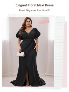 Elegant Plus Size Floral Beaded Dress, Layered V Neck Formal Gown, Fashionable Floral Split Hem Design, Perfect for Special Occasions, Womenswear