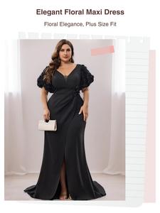 elegant plus size floral beaded dress, layered v neck formal gown, fashionable split design, perfect for special occasions