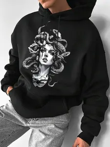 Men's Long Sleeve Hoodie with Cool Medusa Print, Casual Fitted Warm Sweatshirt, Windproof Knit Cuffs, Fall & Winter Fashion，fall outfits
