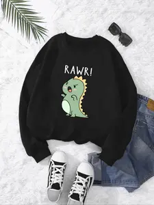 Women's Cartoon Dinosaur Print Drop Shoulder Cute Animal Sweatshirt Tops, Casual Long Sleeve Round Neck Pullover for Fall & Winter, Ladies Clothes for Daily Wear