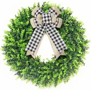24-26'' Large Boxwood Wreath for Front Door, Porch, Window - Foldable Greenery Boxwood Wreaths for Farmhouse Wedding Indoor -, Summer, Fall, All (with Bow)